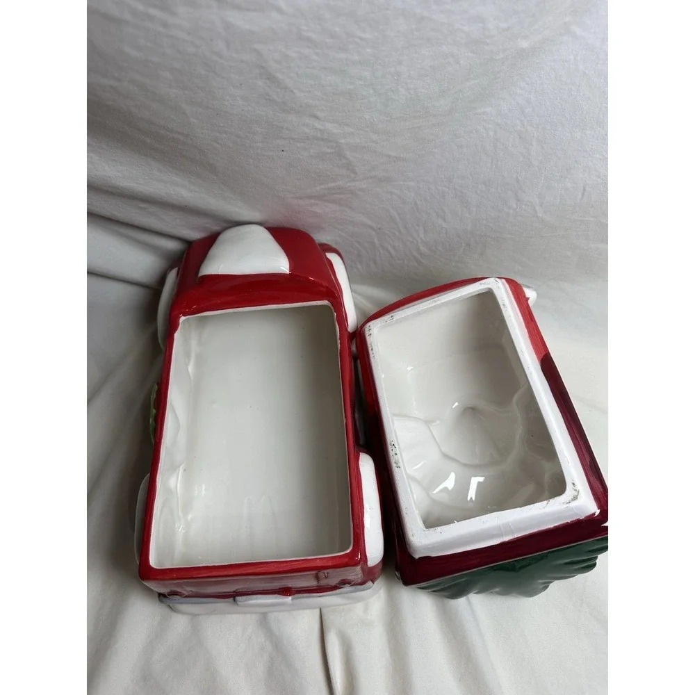 Christmas Red Truck Cookie Jar Canister w Tree Ceramic Holiday‎ Decor